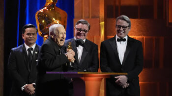 Mel Brooks accepts his honorary award during the Governors Awards on Tuesday, Jan. 9, 2024, at the Dolby Ballroom in Los Angeles. Matthew Broderick, far right and Nathan Lane look on.