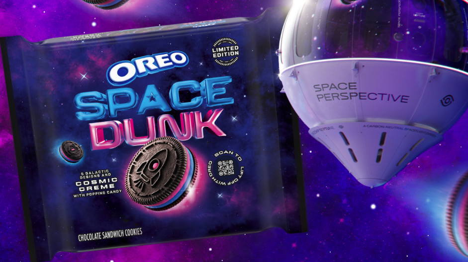 A package of new Oreo Space Dunk cookies floating in space.