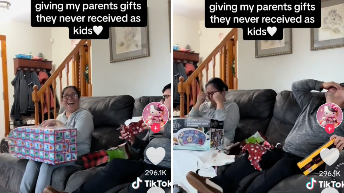 Abigail Oviedo's parents open the Christmas gifts they wanted as children