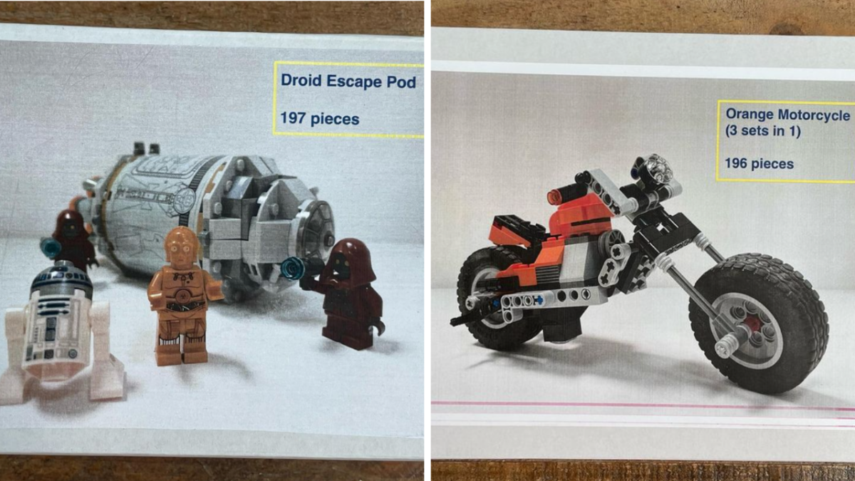 Two Pass the Brick original Lego sets, a "Star Wars" inspired kit and a motorcycle kit, designed by Charlie Jeffers as part of his nonprofit organization