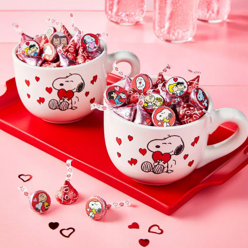 Snoopy cups filled with new Snoopy Hershey Kisses for Valentine's Day