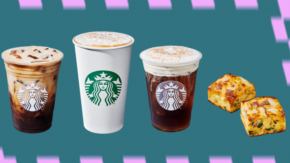Starbucks winter 2024 menu items including the new Starbucks Iced Hazelnut Oatmilk Shaken Espresso.