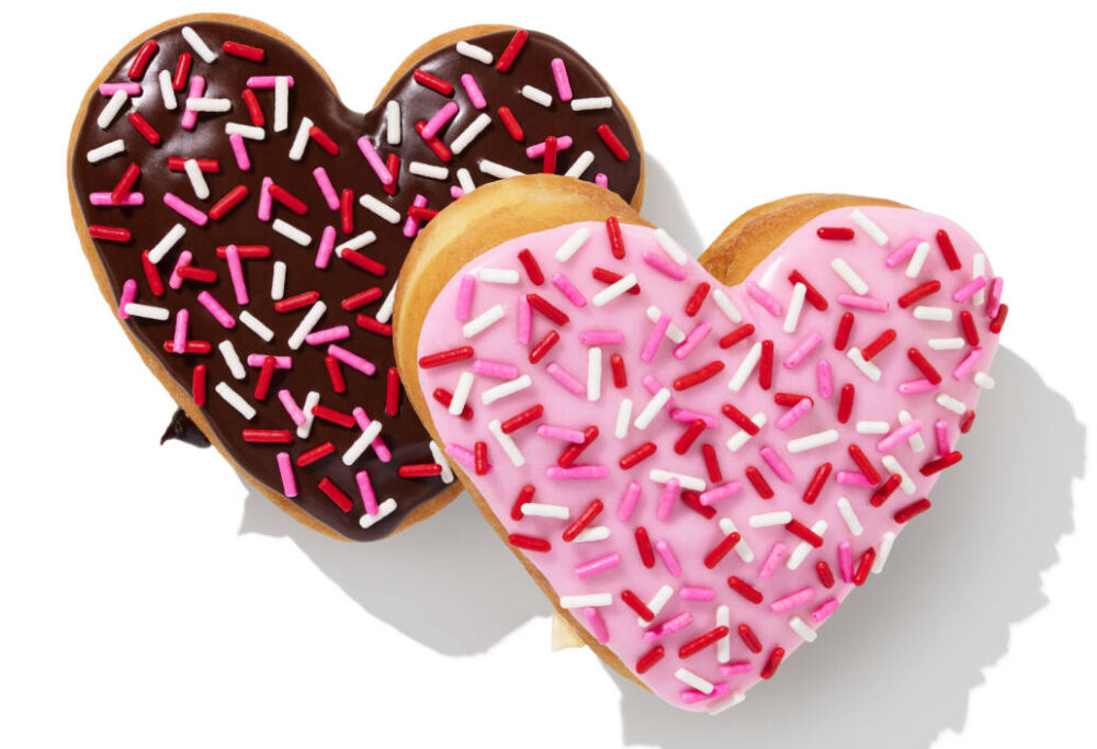 Two heart-shaped doughnuts from Dunkin'