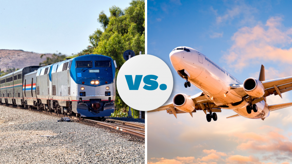 Train versus airplane photo illustration