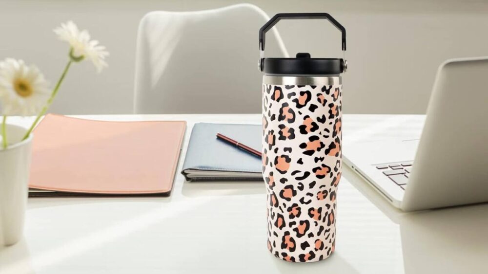 30oz Unique Leopard Print Tumbler with Handle and Straw