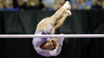 Gabby Douglas on the uneven bars in 2016