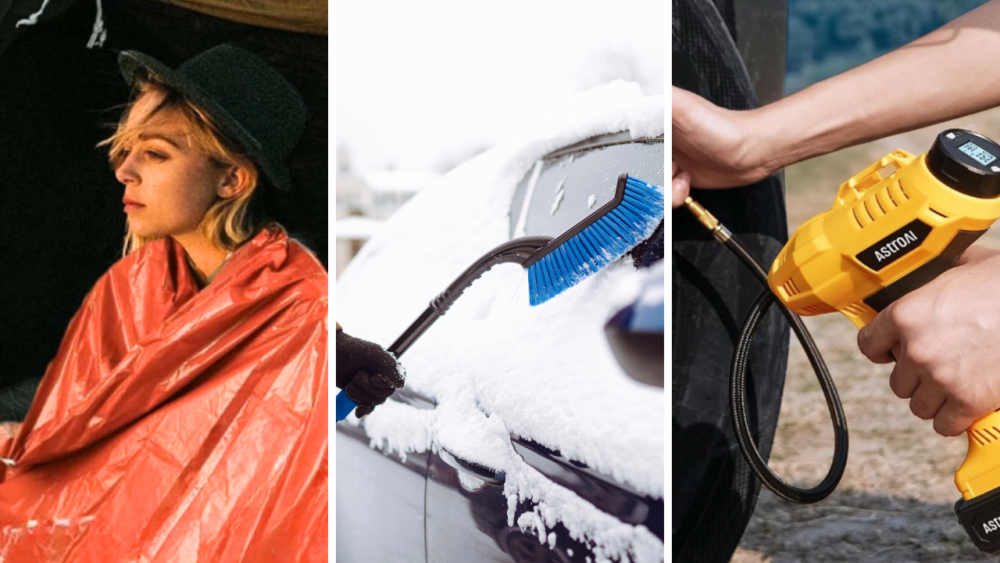 Woman in blanket (left), snow brush (center), air compressor (right)