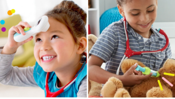 side by side images of children playing with Fisher Price medical kit