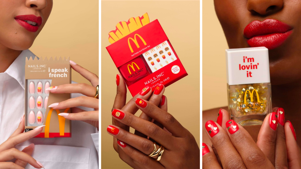 A woman holds a McDonad's-themed french tip press on nail set, A person holds a red nail polish kit with McDonald's themed stickers, and a person holds a McDonald's themed golde heart nail polish topper.