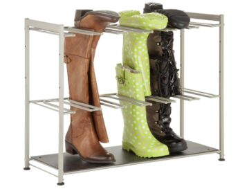 A boot stand with boots inserted into the slots.