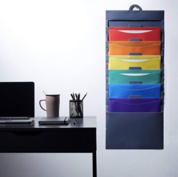 hanging file folders next to a desk