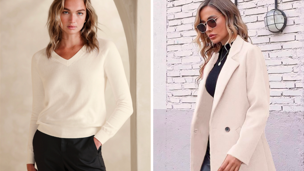 A woman wears a creamy winter white sweater, and another woman wears a classic cream colored pea coat.