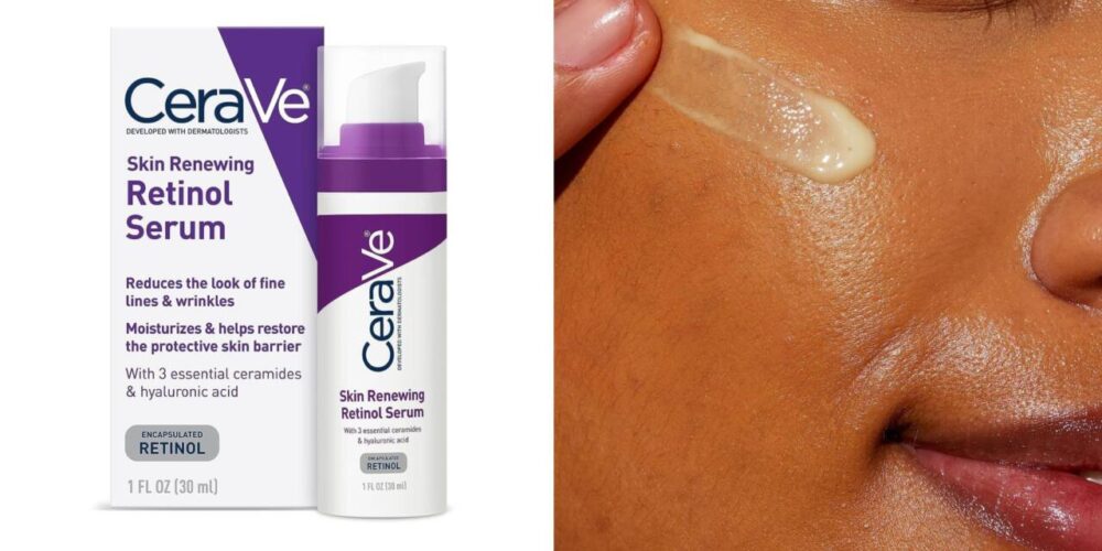 Split image of CeraVe serum and woman applying serum to her face