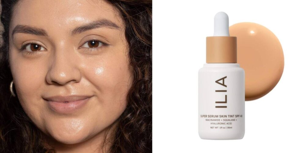 Split image of woman with glowing skin and ILIA foundation bottle.