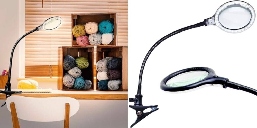 Split image with magnifying desk lamp and yarns; lamp alone