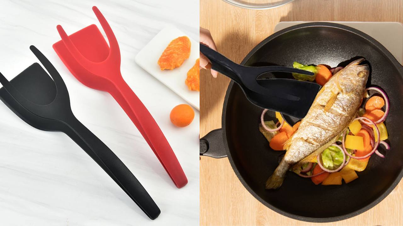 dual image. Left shows black and red 2-in-1 grip and spatula tongs. Right image shows a skillet cooking fish and vegetables while using the spatula/
