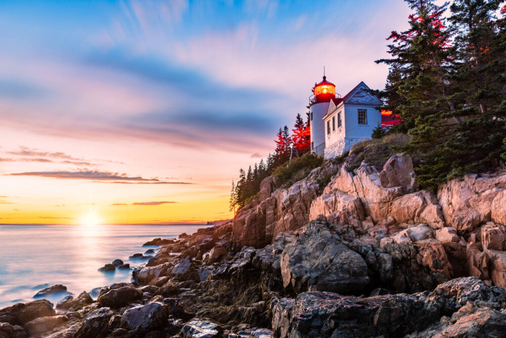 lighthouse in Acadia National Park at sunset