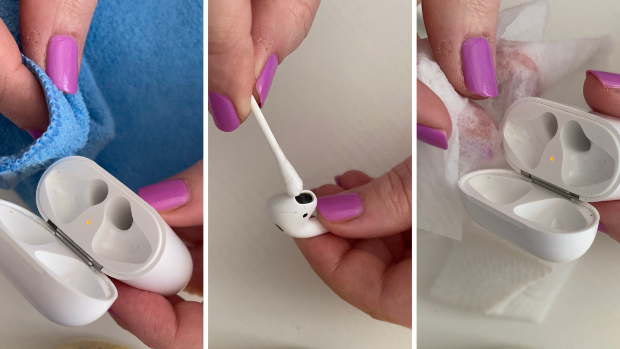 A person uses a microfiber cloth, cotton swab, and Clorox wipe to clean Airpods