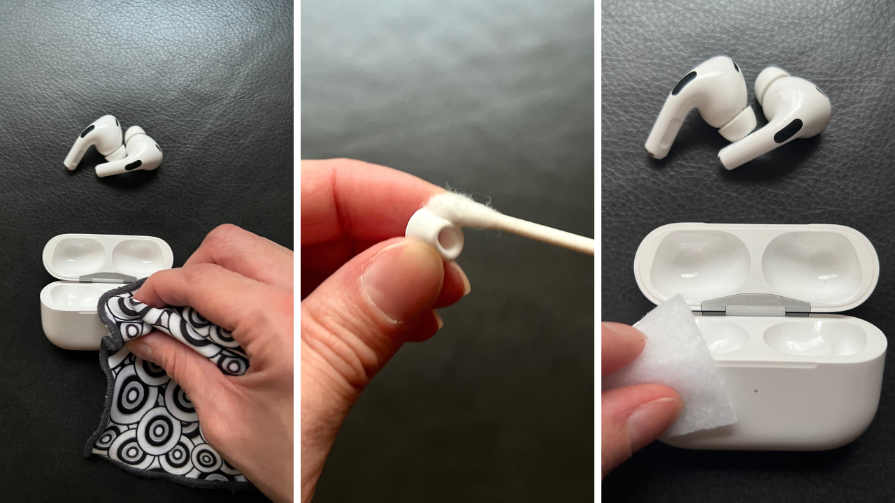 A person uses a lint free cloth, a cotton swap, and alcohol wipe to clean airpods