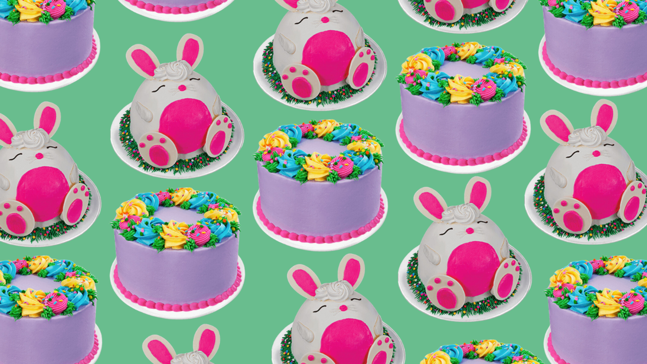 bunny shaped ice cream cake and purple ice cream cake