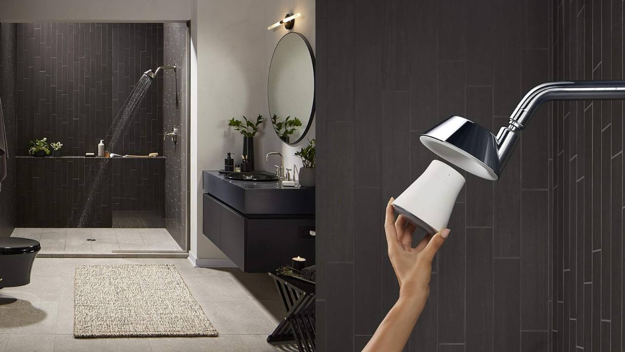 Dual image. Left shows a bathroom with the shower in the far distance. Right image shows is an close up image of a hand installing the bluetooth showerhead.