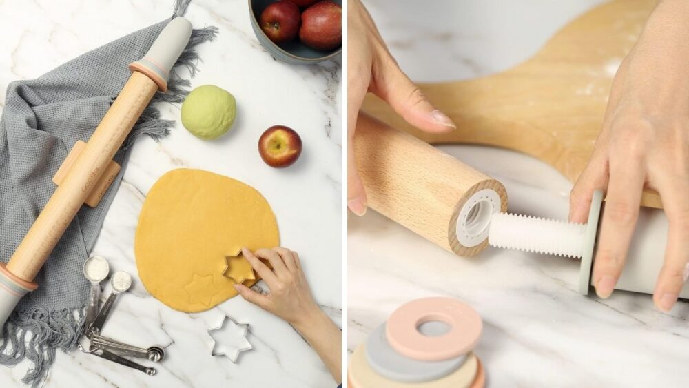 Adjustable Wood Rolling Pin with 5 Thickness Rings