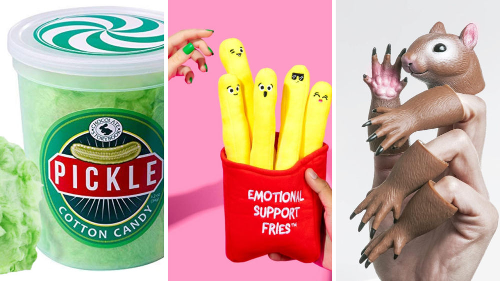 Pickle Cotton Candy, Emotional Support Fries, Squirrel Finger Puppet