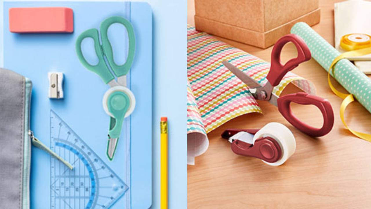dual photo featuring a blue notebook, eraser, a pair of two-in-one scissors and tape dispenser and the other side shows the scissors cutting a roll of wrapping paper with the tape beside it