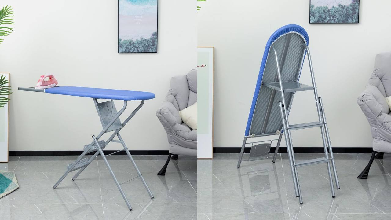 Dual image featuring an opened two-in-one ironing board and ladder on one side and the other side showing the ironing board as a step ladder