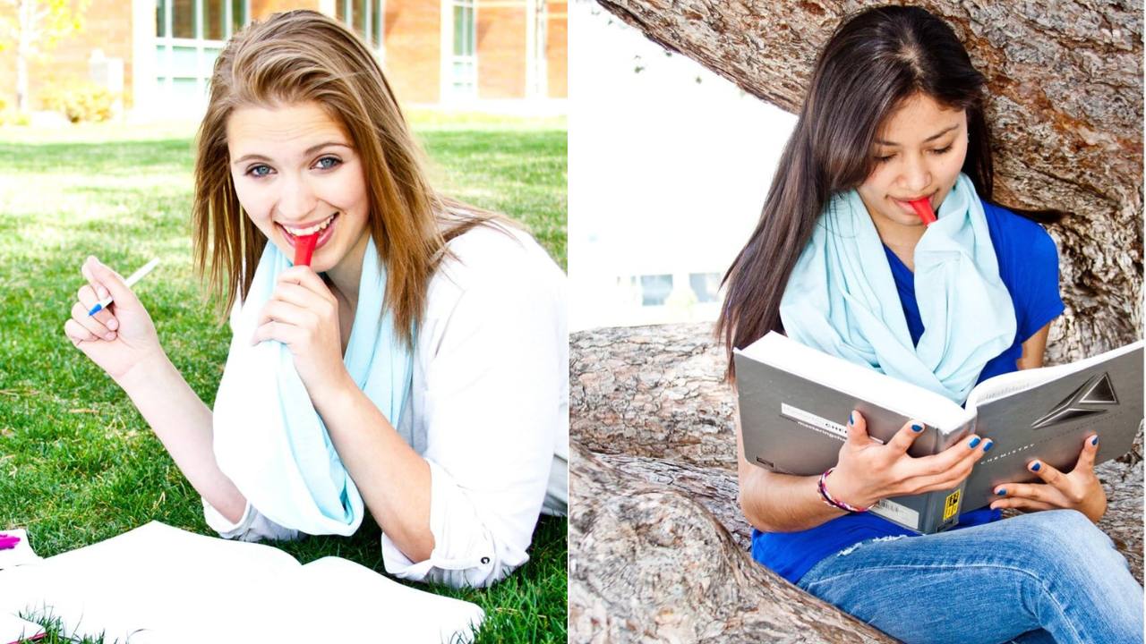 dual image. both images show women sitting outside sipping from a blue scarf wrapped around their necks.