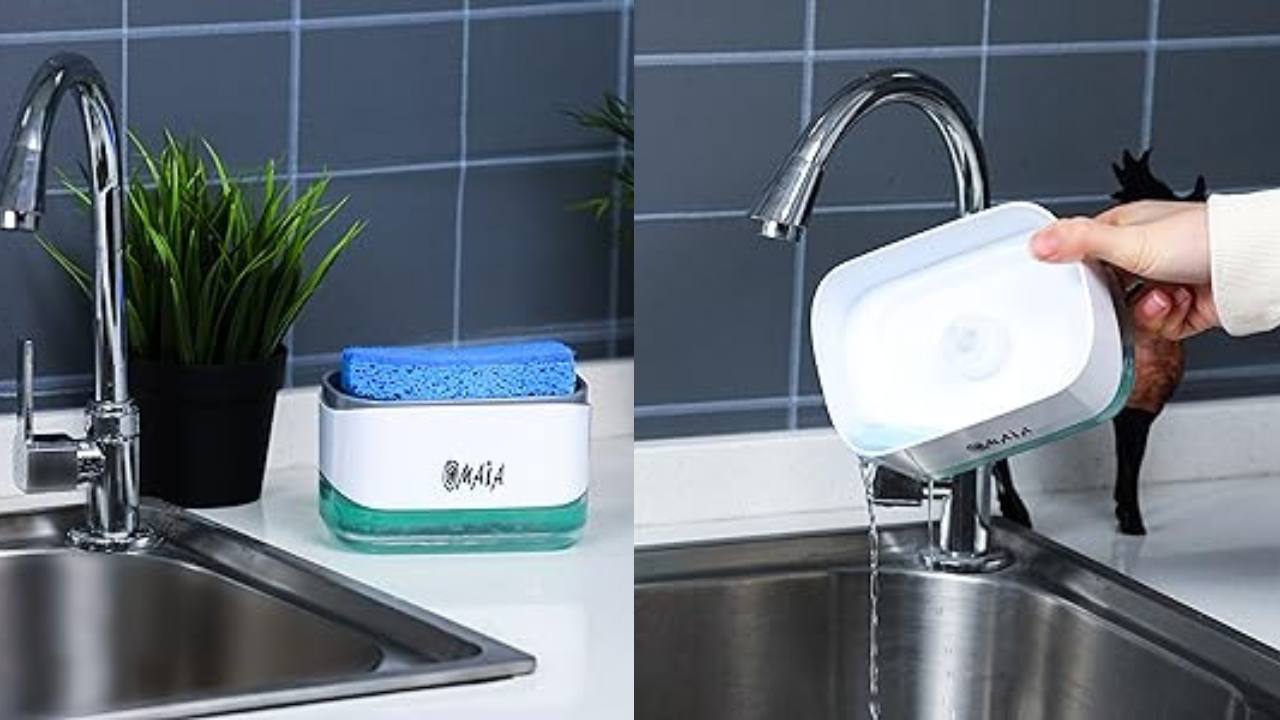 dual image. Left side shows a sink with a soap and sponge dispenser next to the faucet. Right side shows and hand disposing liquid from the soap and sponge dispenser.