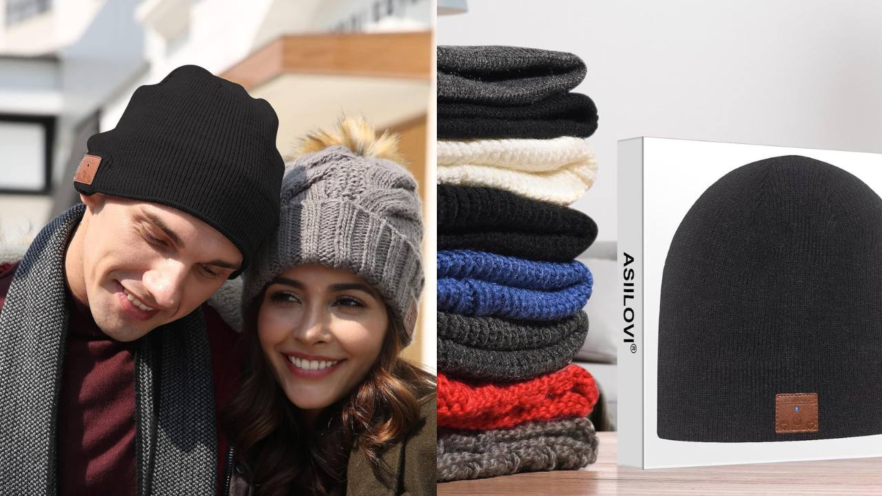 Dual image. Left side shows man and woman wearing bluetooth beanie hats. Right side shows 8 hats stacked up in various colors next to the hat in its packaging