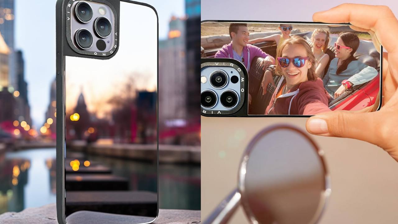dual image. Left side is a close-up of the back of a two-in-one phone case with a mirror. The right side shows the back of the phone taking a selfie, with the reflection of a group of friends taking a photo