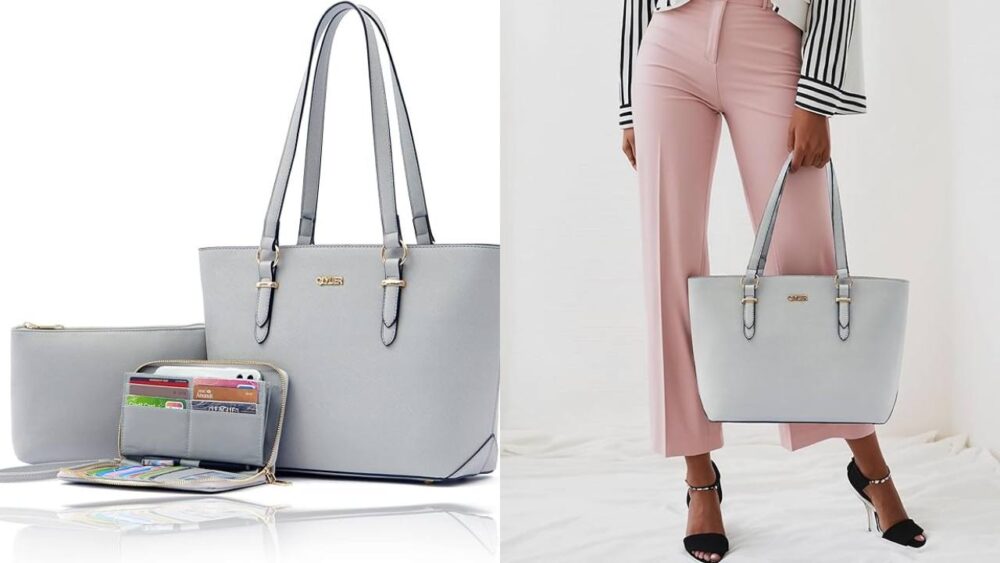 Gray handbag and smaller purse and wallet