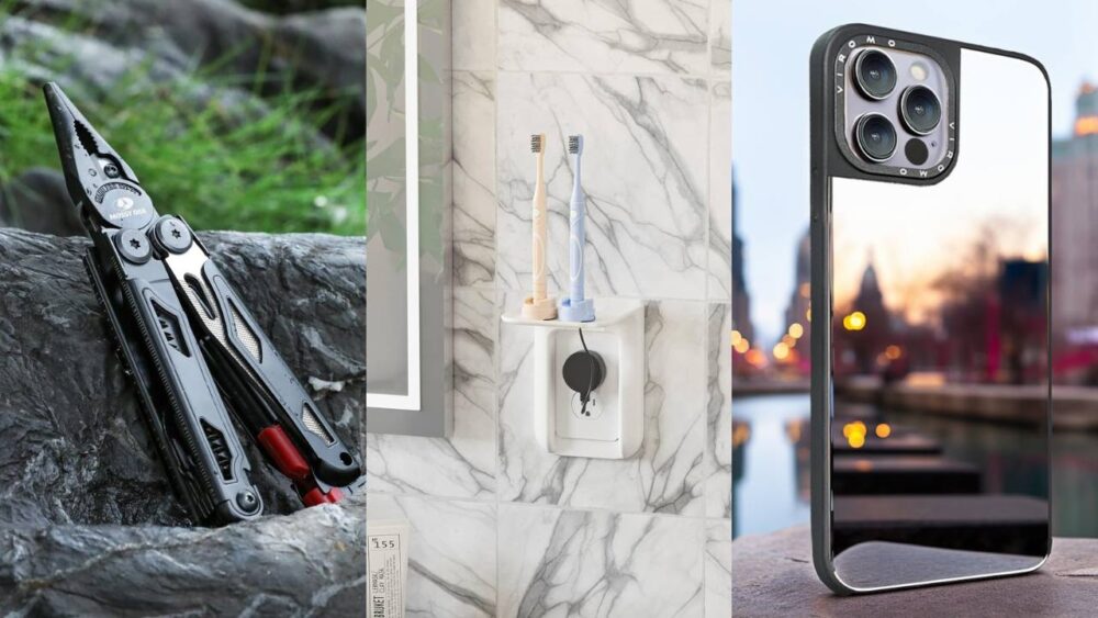 A multipurpose tool sits on a ledge, an outlet and shelf combo are mounted on a wall, and an iPhone case features a mirrored back.