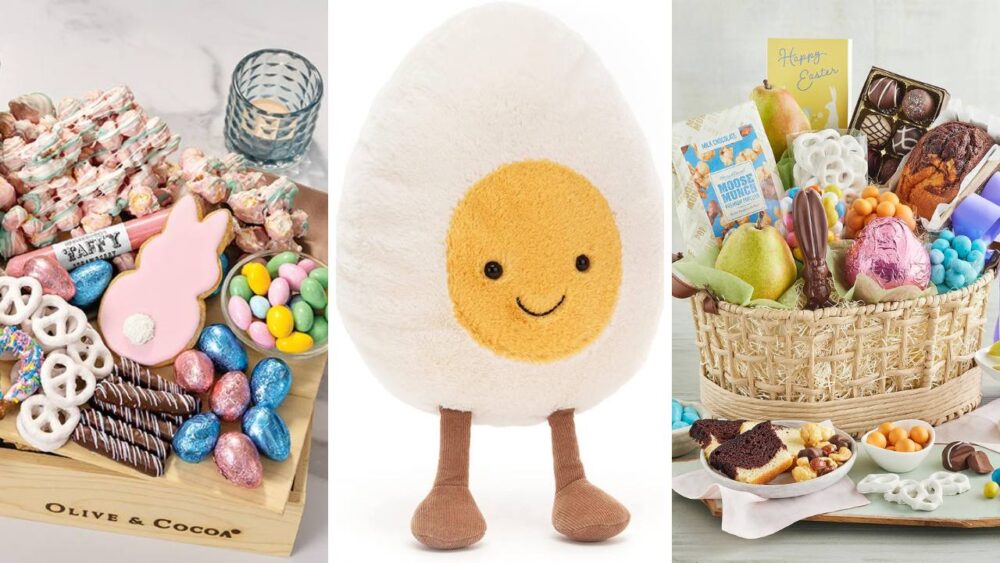 A box of Easter candy, a stuffed boiled egg, and a basket of Easter food.