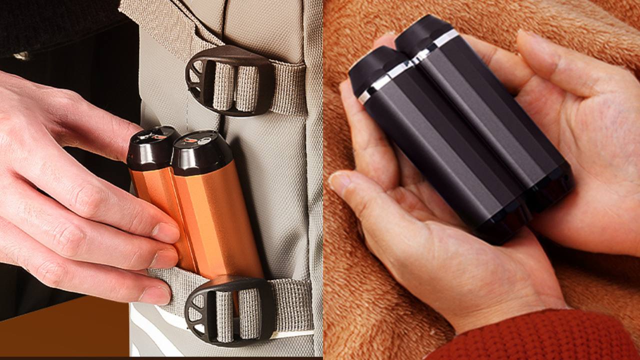 dual image. Left shows two orange hand warmer/flashlights in a book bag. The right shows a person holding two black hand warmer/flashlights in his hands.