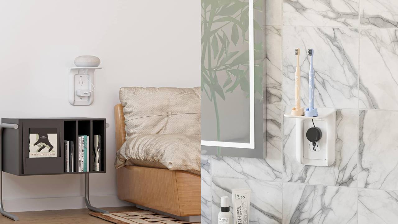 dual image. Left shows a room set up showcasing the 2-in-1 outlet shelf. Right image shows the 2-in one shelf holding 2 toothbrushes