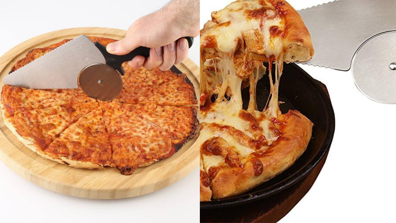 Dual image. Left side is a picture of a pizza pie being cut with a pizza cutter/server. Right side is a close up image of pizza lifted from the pie on the pizza cutter/server