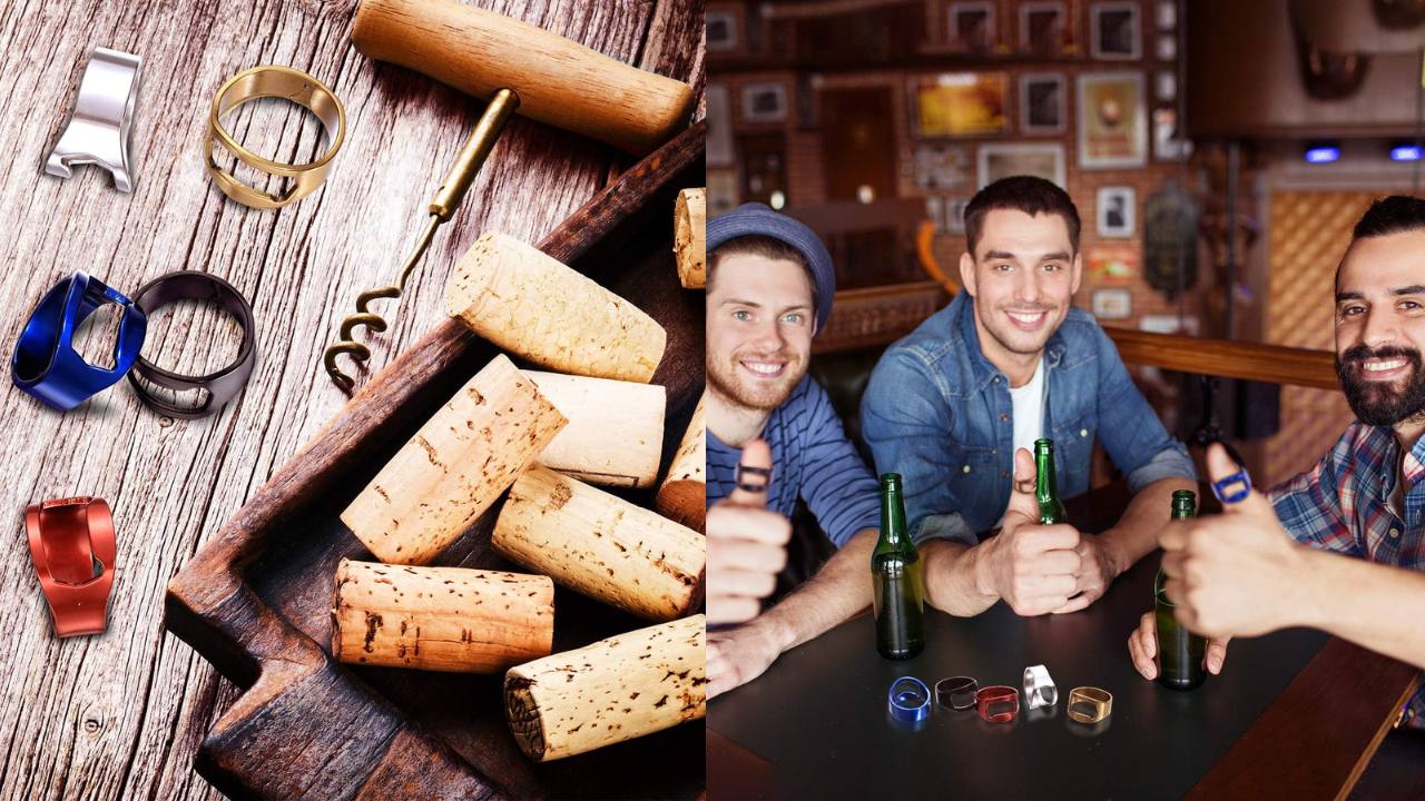 dual image. left shows 5 bottle opener rings laying next to wine corks. Tight images shows 3 mine giving the thumbs up with their rings and bottled beverages.