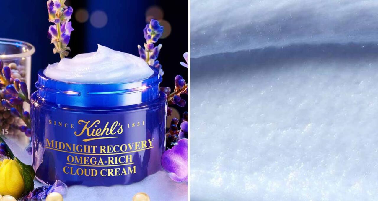 Jar of Kiehl’s Midnight Recovery cream; close-up of texture