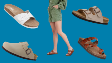 A woman wears a pair of Birkenstock alternatives, and multiple pairs of sandals.
