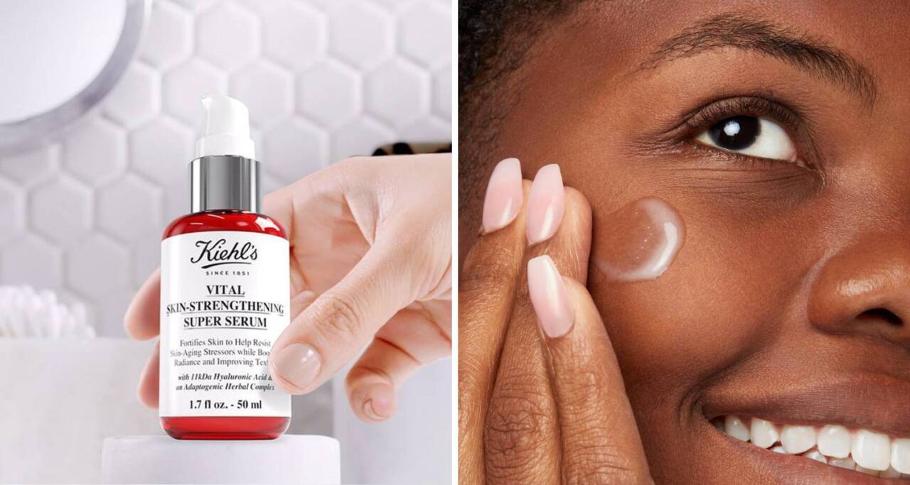 Kiehl’s Skin-Strengthening Serum; woman applying serum to face