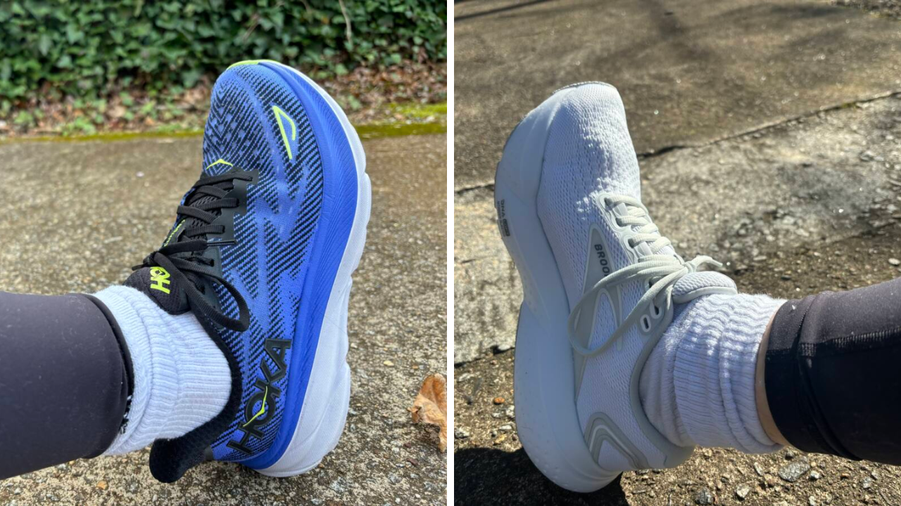 A person wears a pair of Hoka Clifton 9 and a person wears a pair of Brooks Glycerin 21.