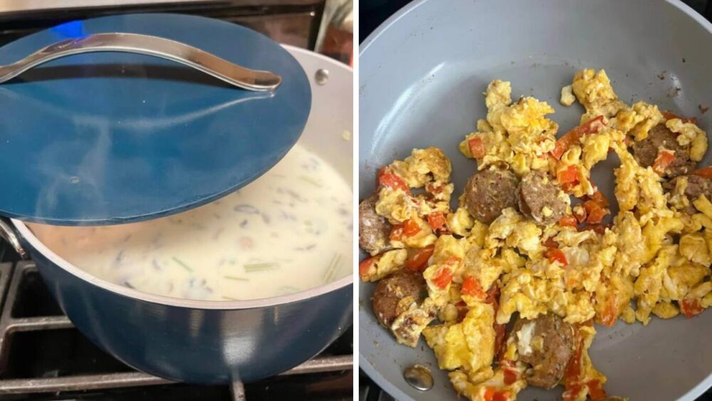 Caraway pot cooking soup, and a caraway pan cooking eggs and sausage.