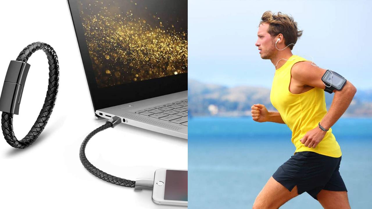 dual image. left is a close up of a laptop with a charging bracelet connected to an iphone. second image shows a man out for a jog, wearing the charging bracelet on his wrist.