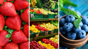 triple photo of strawberries, produce and blueberries