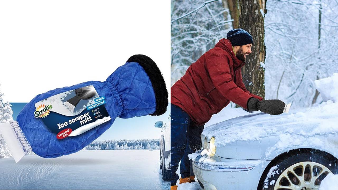 Dual image featuring a close up image of blue ice scraper gloves. The other image shows a man cleaning the snow off of his car with a two-in-one ice scraper glove