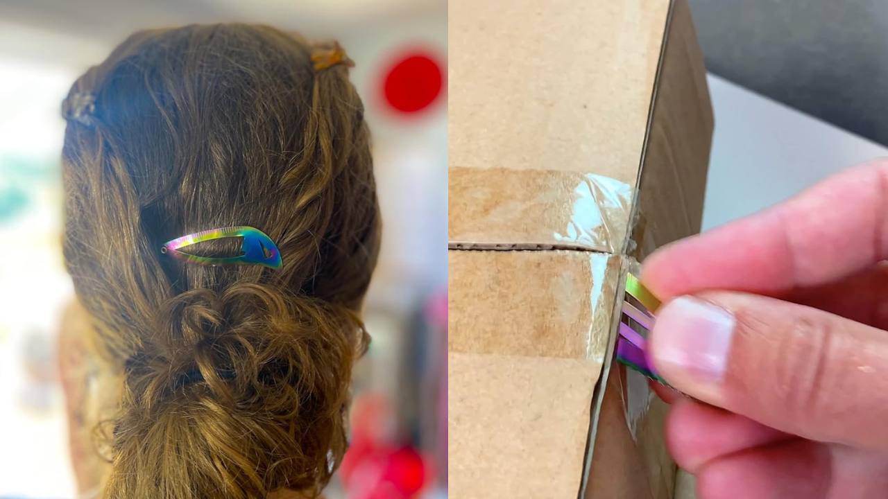 Dual image. Left side shows a close up of the back of a girl's head, with an iridescent hair clip in her hair. Right side shows the hair clip being used to open a box. 
