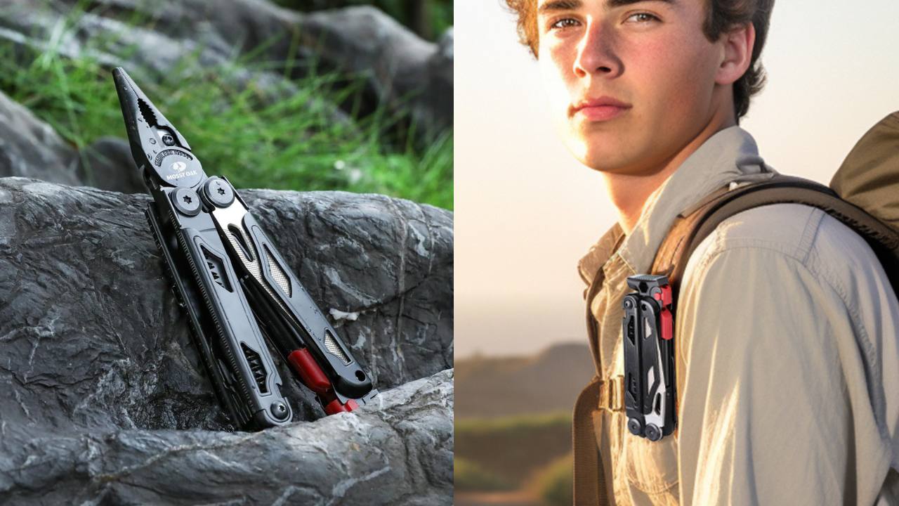 dual image. Left image is a close up of the 2-in-1 pliers/ fire starter. Right image shows a man with the 2-in-1device on his backpack.